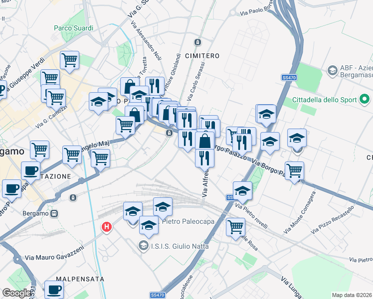 map of restaurants, bars, coffee shops, grocery stores, and more near 2-14 Via Franchino Gaffurio in Bergamo