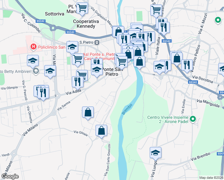 map of restaurants, bars, coffee shops, grocery stores, and more near 6 Via G. Mazzini in Ponte San Pietro