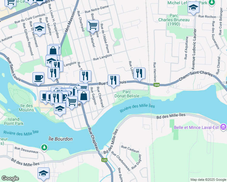 map of restaurants, bars, coffee shops, grocery stores, and more near 171 Boulevard de Terrebonne in Terrebonne