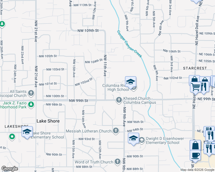 map of restaurants, bars, coffee shops, grocery stores, and more near 10101 Northwest 11th Avenue in Vancouver