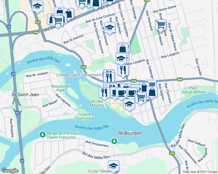 map of restaurants, bars, coffee shops, grocery stores, and more near 283 Boulevard des Braves in Terrebonne