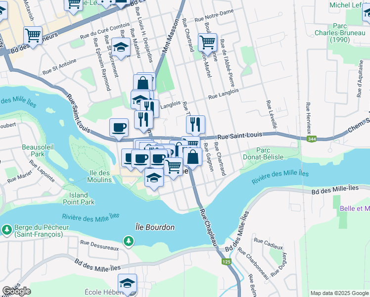 map of restaurants, bars, coffee shops, grocery stores, and more near 227 Rue Chapleau in Terrebonne