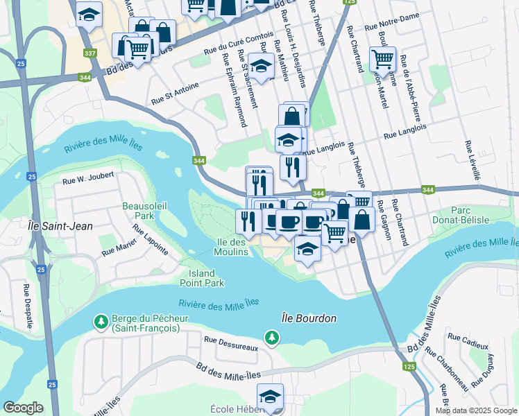 map of restaurants, bars, coffee shops, grocery stores, and more near 275 Boulevard des Braves in Terrebonne
