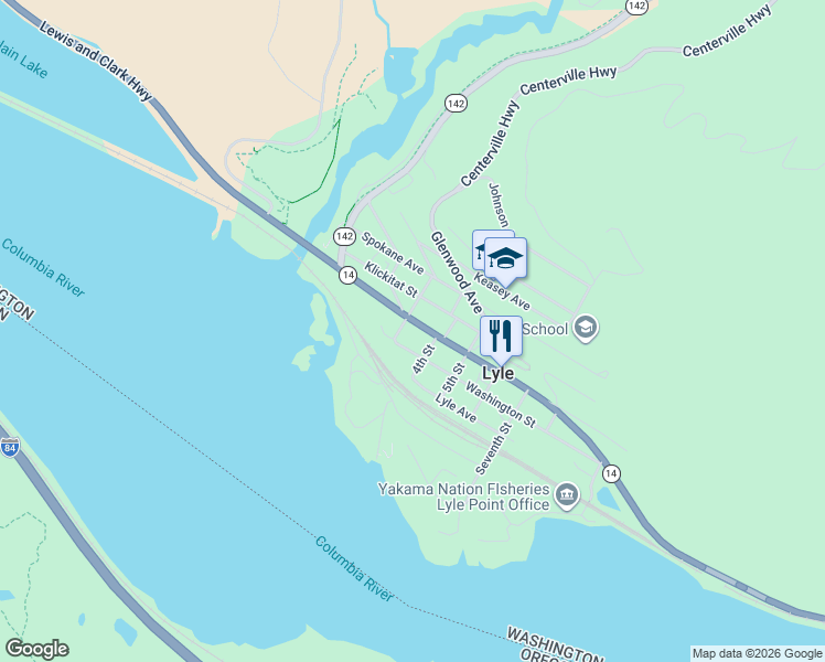 map of restaurants, bars, coffee shops, grocery stores, and more near 302 Washington Street in Lyle