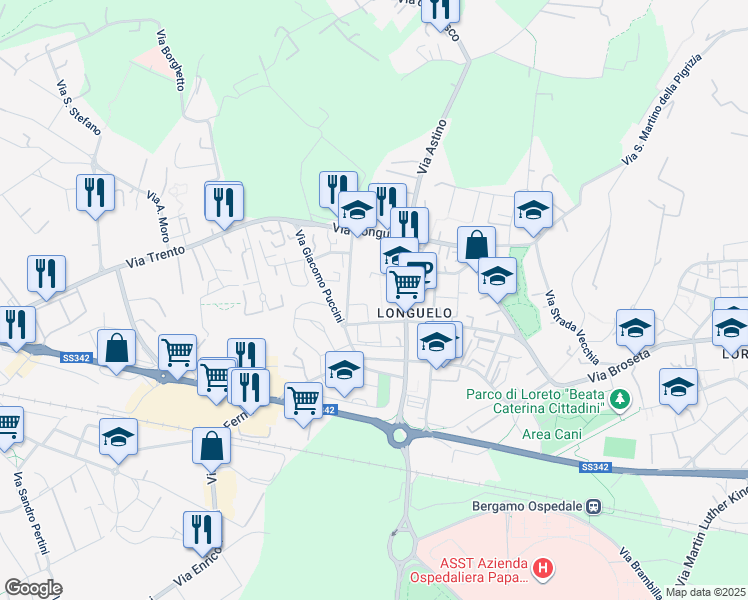 map of restaurants, bars, coffee shops, grocery stores, and more near 20 Via Guglielmo Mattioli in Bergamo