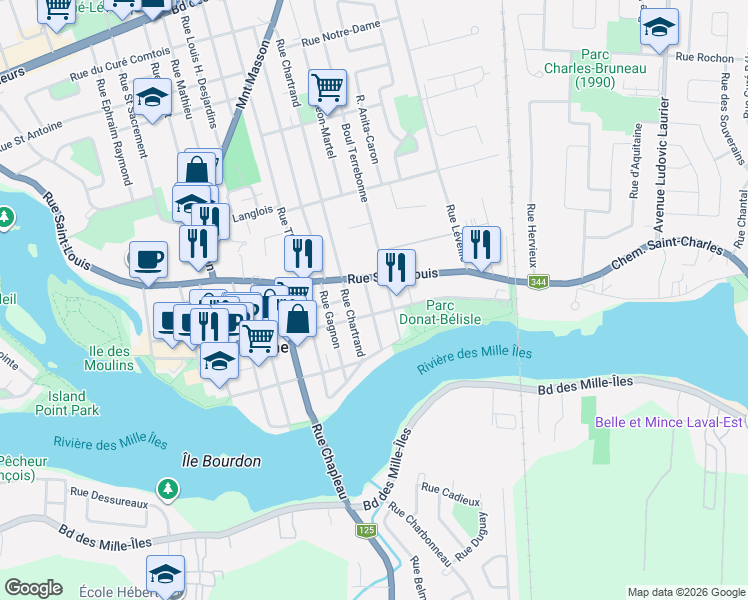 map of restaurants, bars, coffee shops, grocery stores, and more near 197 Rue Léon-Martel in Terrebonne