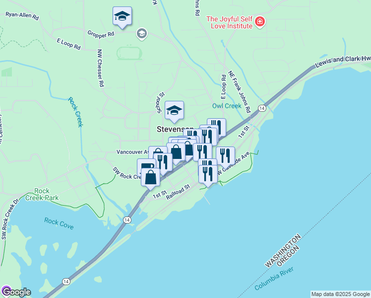 map of restaurants, bars, coffee shops, grocery stores, and more near 240 Northwest Vancouver Avenue in Stevenson