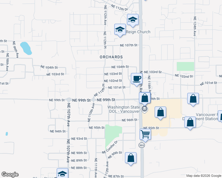 map of restaurants, bars, coffee shops, grocery stores, and more near 11215 Northeast 101st Street in Vancouver