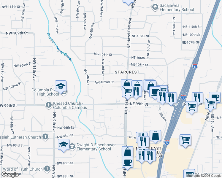 map of restaurants, bars, coffee shops, grocery stores, and more near 10104 Northeast Hazel Dell Avenue in Vancouver
