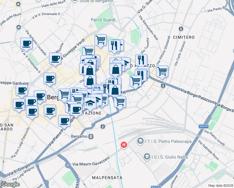 map of restaurants, bars, coffee shops, grocery stores, and more near 11 Via Angelo Maj in Bergamo