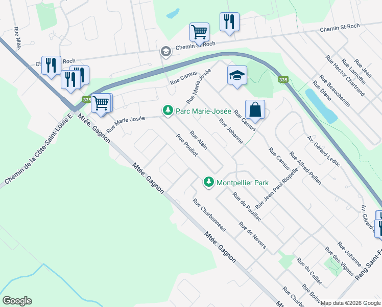 map of restaurants, bars, coffee shops, grocery stores, and more near 3330 Rue Pouliot in Terrebonne