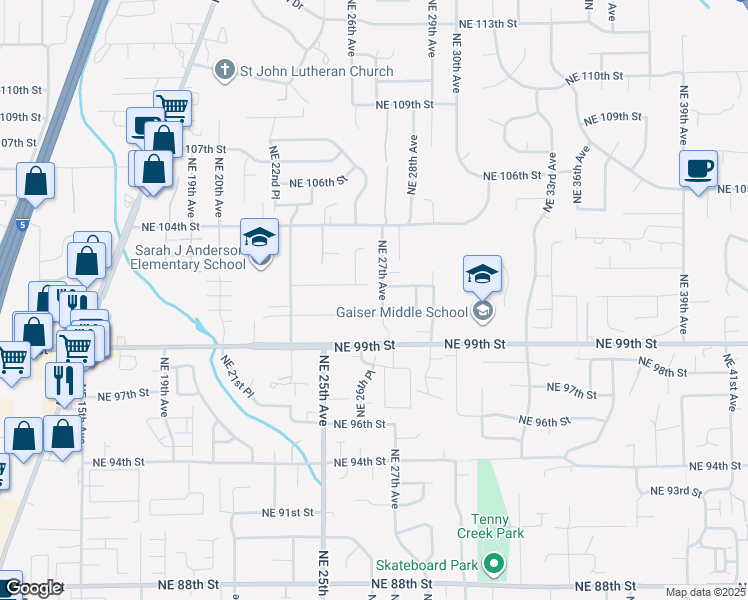 map of restaurants, bars, coffee shops, grocery stores, and more near 2605 Northeast 102nd Street in Vancouver