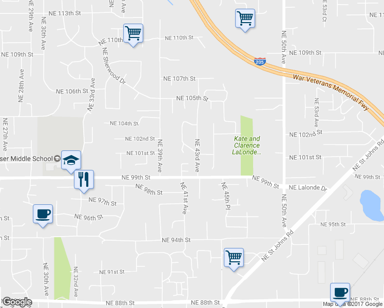 map of restaurants, bars, coffee shops, grocery stores, and more near 4119 Northeast Bonnie Drive in Vancouver