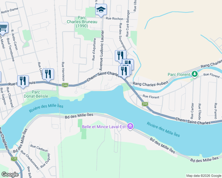 map of restaurants, bars, coffee shops, grocery stores, and more near 1710 Rang Charles-Aubert in Terrebonne