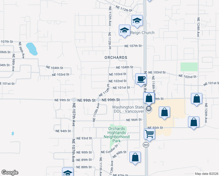 map of restaurants, bars, coffee shops, grocery stores, and more near 11215 Northeast 101st Street in Vancouver
