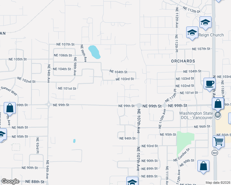 map of restaurants, bars, coffee shops, grocery stores, and more near 10012 Northeast 104th Avenue in Vancouver