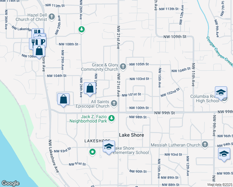 map of restaurants, bars, coffee shops, grocery stores, and more near 10111 Northwest 21st Avenue in Vancouver