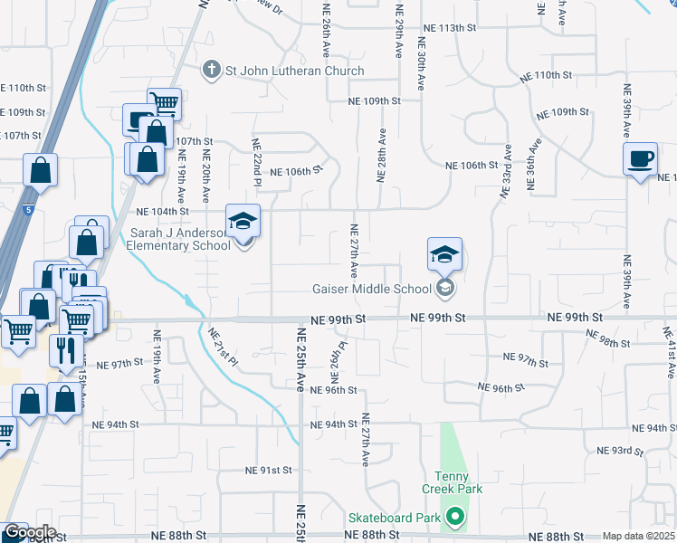 map of restaurants, bars, coffee shops, grocery stores, and more near 2605 Northeast 102nd Street in Vancouver
