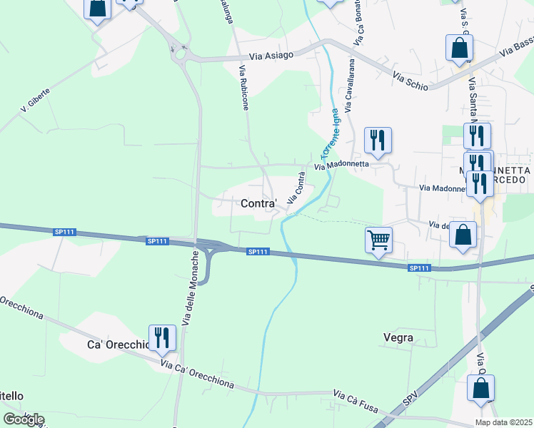 map of restaurants, bars, coffee shops, grocery stores, and more near 21 Via Contrà in Contra'
