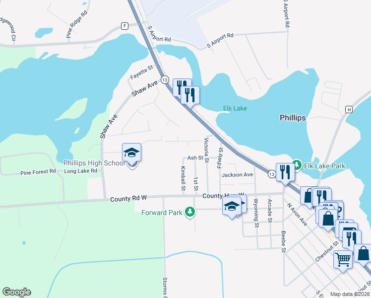 map of restaurants, bars, coffee shops, grocery stores, and more near 790 Ash Street in Phillips