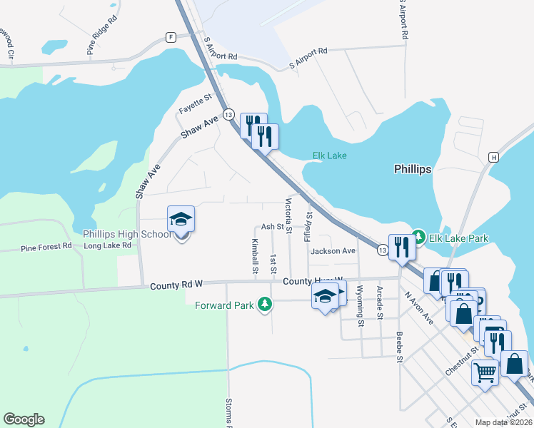 map of restaurants, bars, coffee shops, grocery stores, and more near 790 Ash Street in Phillips