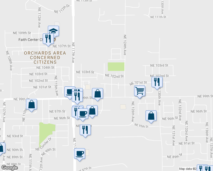 map of restaurants, bars, coffee shops, grocery stores, and more near 10021 Northeast 121st Court in Vancouver