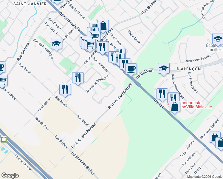 map of restaurants, bars, coffee shops, grocery stores, and more near 12982 Rue de Brouage in Mirabel