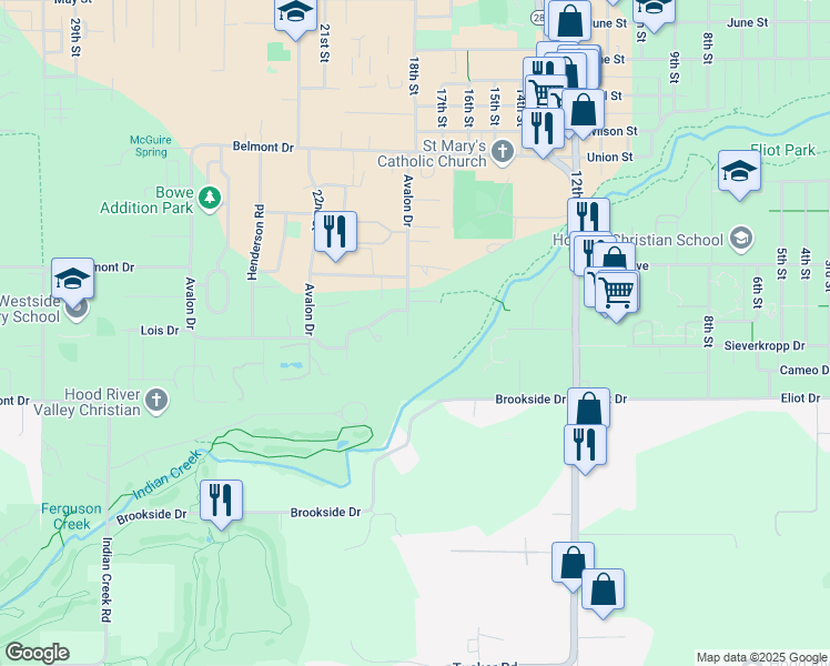 map of restaurants, bars, coffee shops, grocery stores, and more near 2115 Avalon Way in Hood River