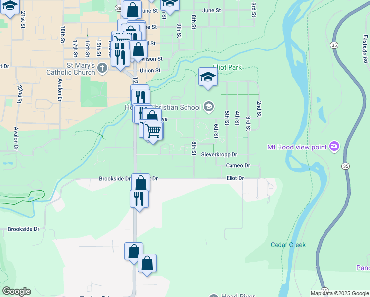 map of restaurants, bars, coffee shops, grocery stores, and more near 830 Sieverkropp Drive in Hood River