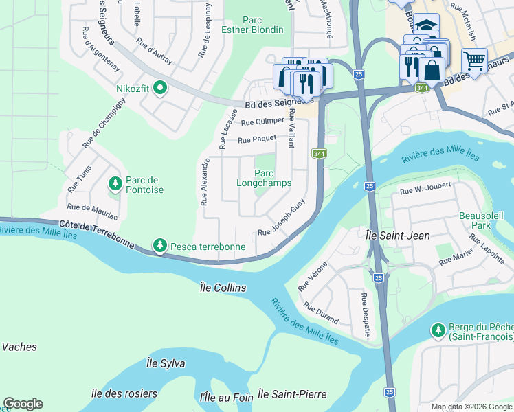 map of restaurants, bars, coffee shops, grocery stores, and more near 312 Rue Longchamps in Terrebonne