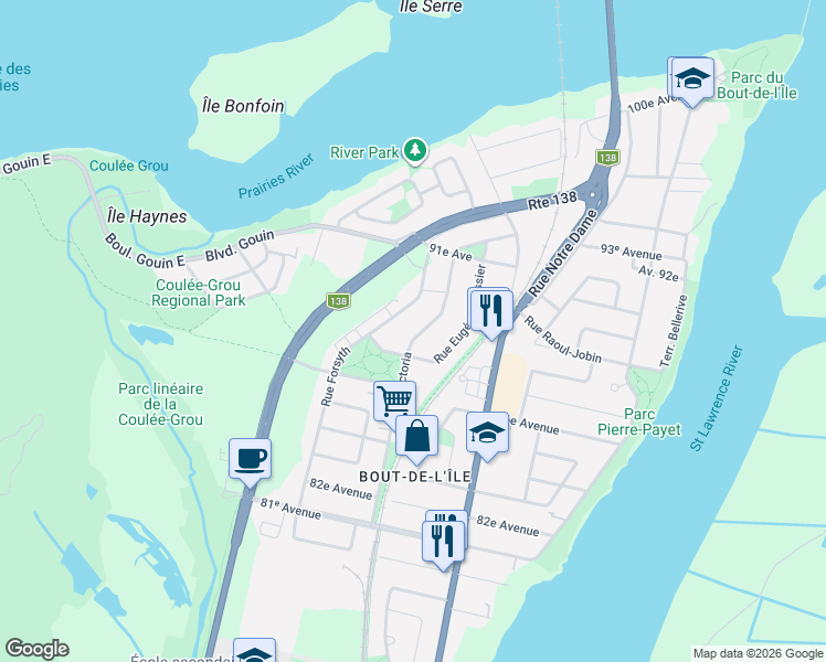 map of restaurants, bars, coffee shops, grocery stores, and more near 16039 Rue Victoria in Montréal