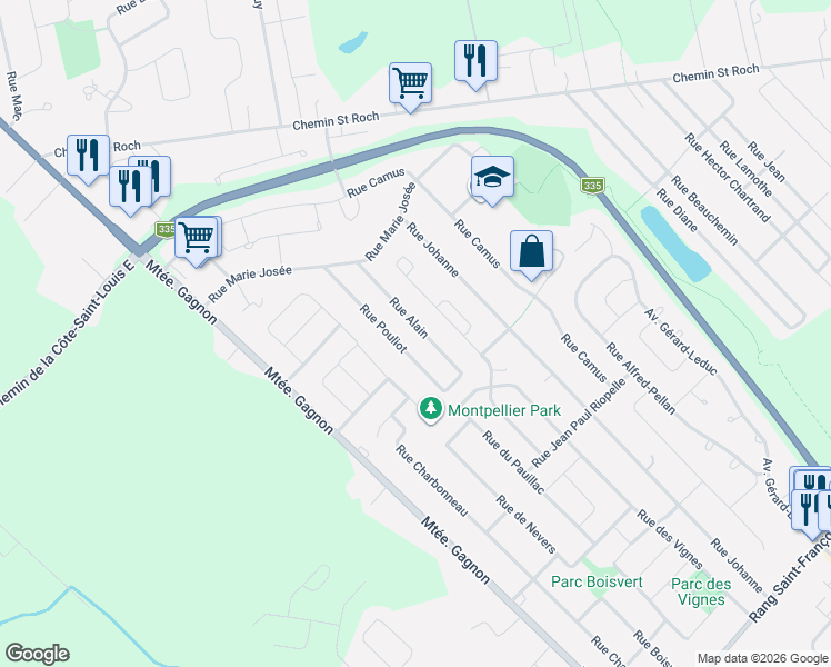 map of restaurants, bars, coffee shops, grocery stores, and more near 3310 Rue Alain in Terrebonne
