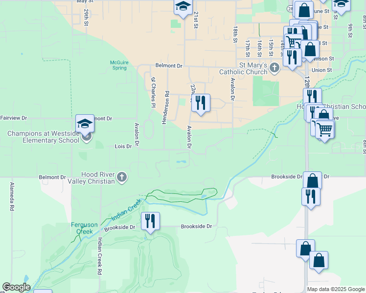 map of restaurants, bars, coffee shops, grocery stores, and more near 3480 Avalon Drive in Hood River