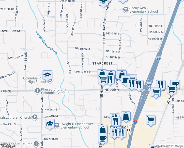 map of restaurants, bars, coffee shops, grocery stores, and more near 10104 Northeast Hazel Dell Avenue in Vancouver