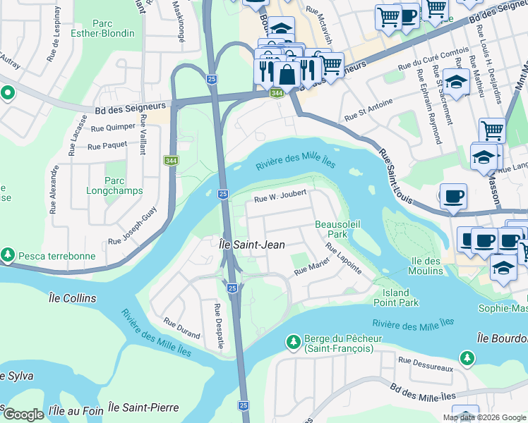 map of restaurants, bars, coffee shops, grocery stores, and more near 1461 Rue Eugène Labelle in Terrebonne