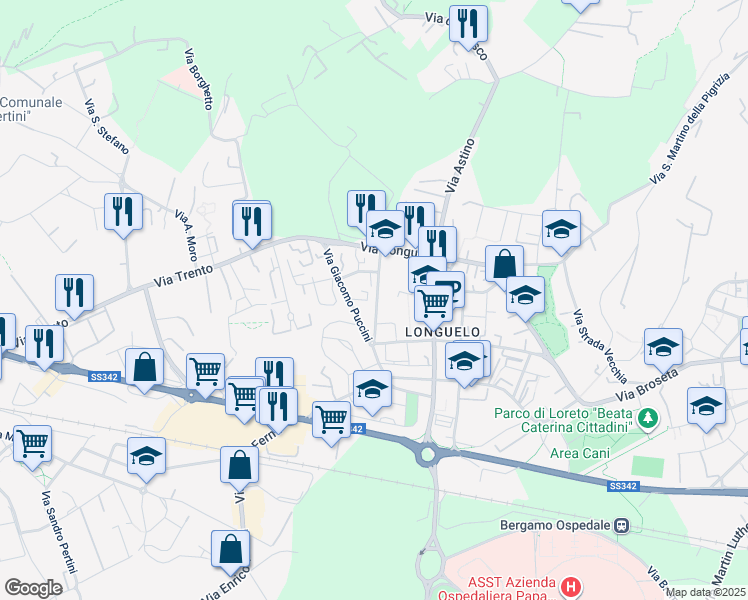 map of restaurants, bars, coffee shops, grocery stores, and more near 20 Via Guglielmo Mattioli in Bergamo
