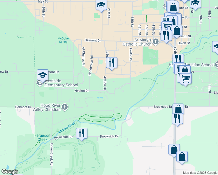 map of restaurants, bars, coffee shops, grocery stores, and more near 940 Samantha Street in Hood River
