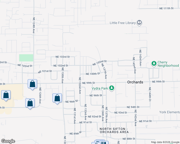 map of restaurants, bars, coffee shops, grocery stores, and more near 10000 Northeast 134th Avenue in Orchards
