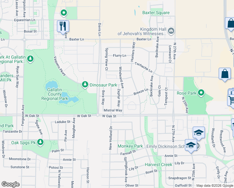 map of restaurants, bars, coffee shops, grocery stores, and more near 1553 Windward Avenue in Bozeman