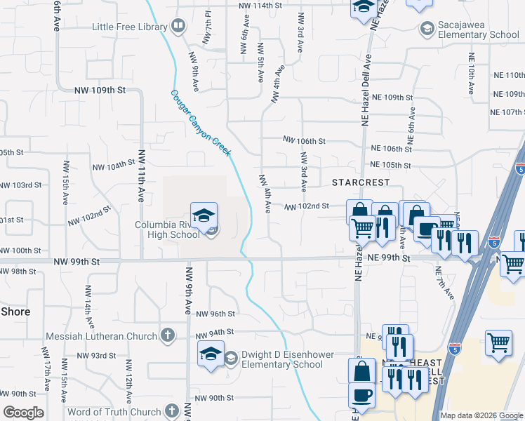 map of restaurants, bars, coffee shops, grocery stores, and more near 316 Northwest 101st Circle in Vancouver