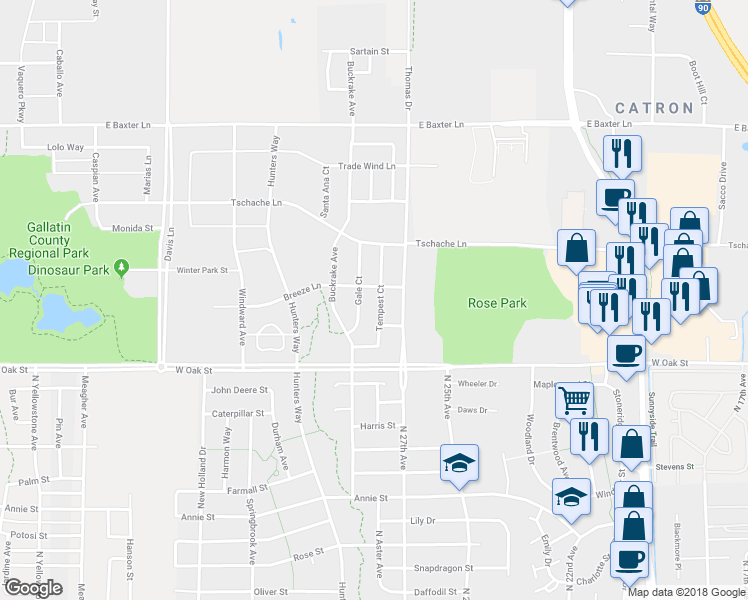map of restaurants, bars, coffee shops, grocery stores, and more near 1563 Tempest Court in Bozeman