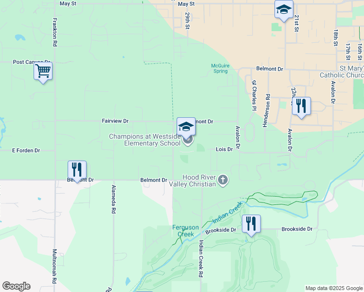 map of restaurants, bars, coffee shops, grocery stores, and more near 3685 Belmont Drive in Hood River
