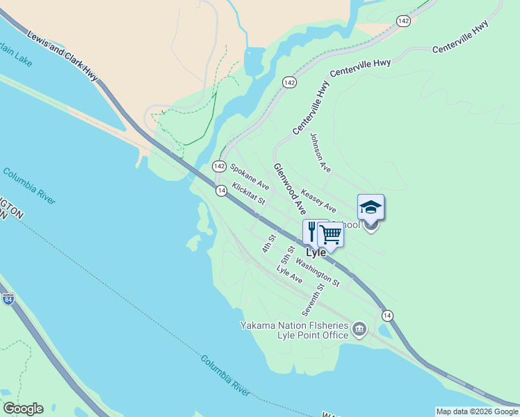 map of restaurants, bars, coffee shops, grocery stores, and more near 302 Washington Street in Lyle