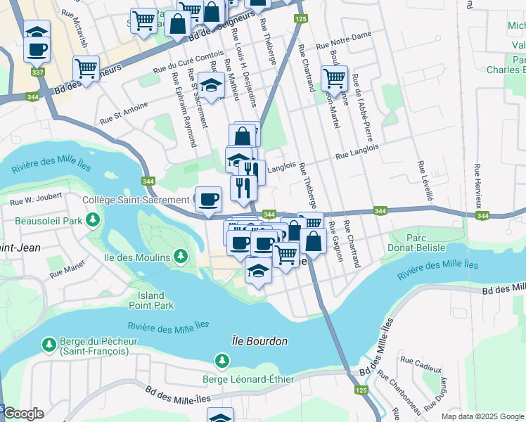 map of restaurants, bars, coffee shops, grocery stores, and more near 713 Rue Saint-Louis in Terrebonne
