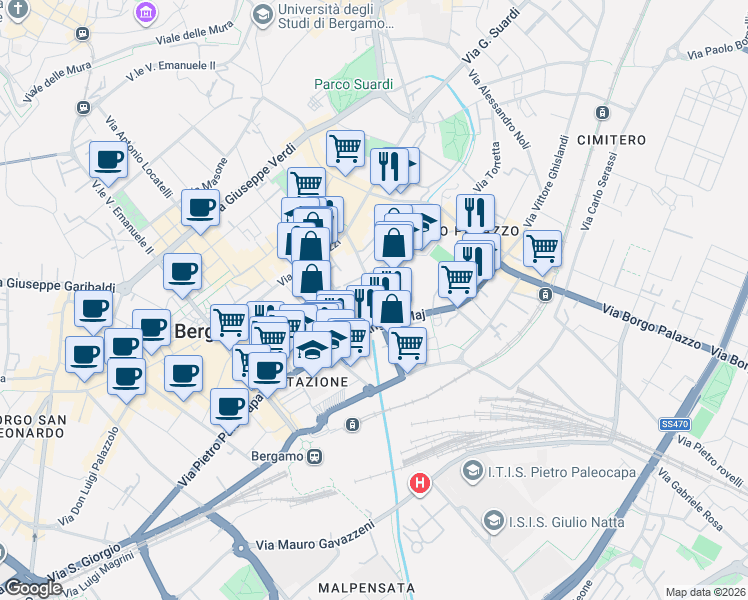 map of restaurants, bars, coffee shops, grocery stores, and more near 11 Via Angelo Maj in Bergamo
