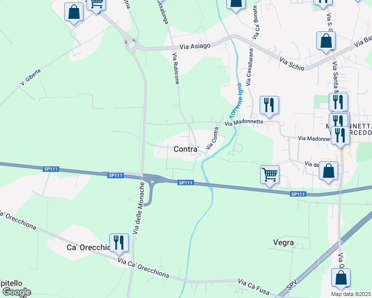 map of restaurants, bars, coffee shops, grocery stores, and more near 21 Via Contrà in Contra'