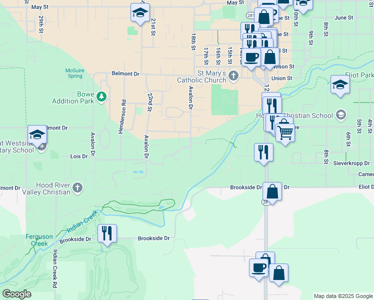 map of restaurants, bars, coffee shops, grocery stores, and more near 2115 Avalon Way in Hood River