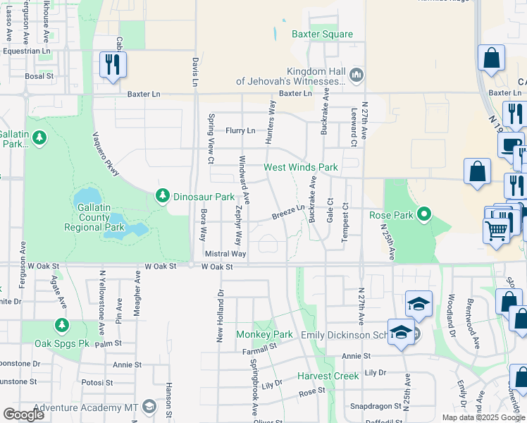 map of restaurants, bars, coffee shops, grocery stores, and more near 1641 Hunters Way in Bozeman