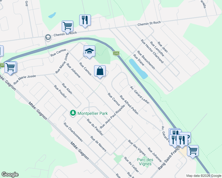 map of restaurants, bars, coffee shops, grocery stores, and more near 2820 Rue Alfred-Pellan in Terrebonne