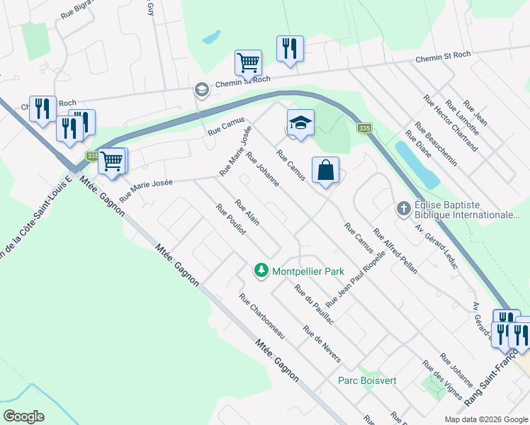 map of restaurants, bars, coffee shops, grocery stores, and more near 2930 Rue du Pressier in Terrebonne